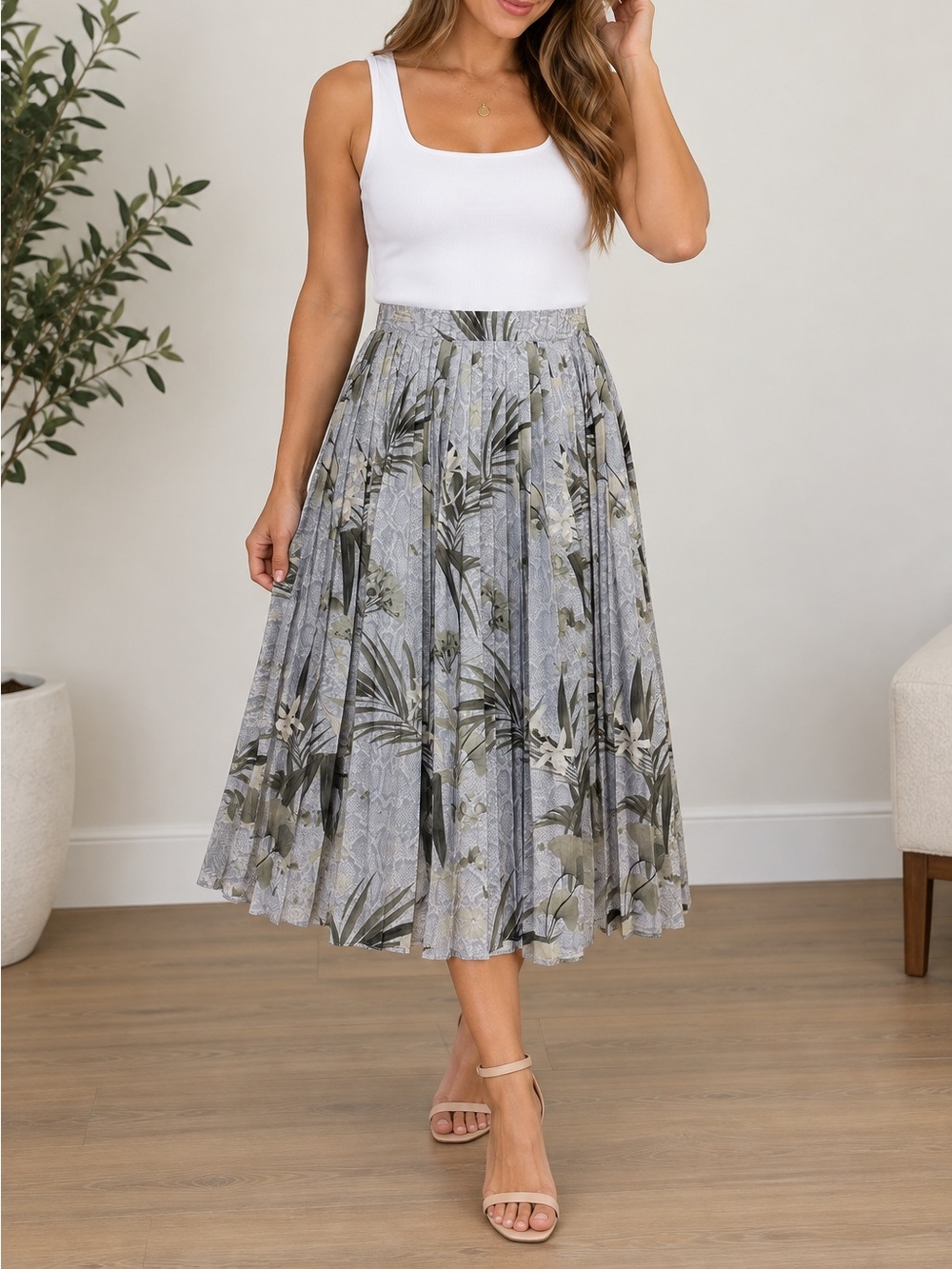 Ted Baker London Floral Snake Print Pleated Midi Skirt Elastic waistband Size 3